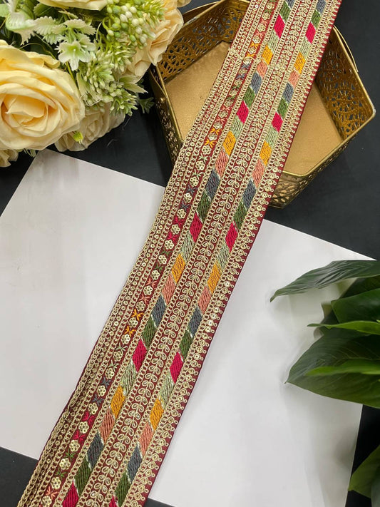 Sabyasachi Inspired Embroidery Lace – 9 Meters, 3-Inch Width | Maroon