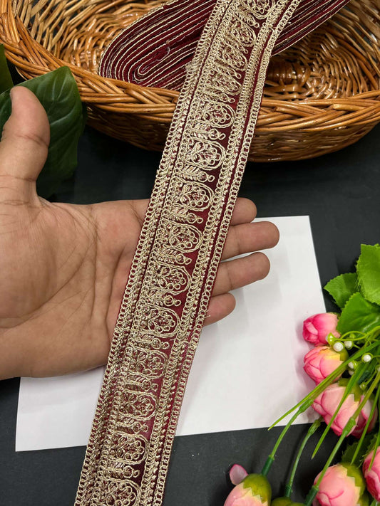 Gold Embroidery Net Saree Lace with Zari Work – 9 Meters, 2-Inch Embroidered Net Border for Sarees, Lehengas & Dupattas | Maroon