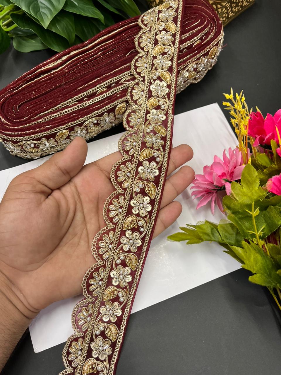 Exclusive Bridal Katdana Bead Work Laces – Designer Maggam Work Borders for Sarees, Lehengas & Dupattas (9 Meter, 2 Inch Width) | Maroon