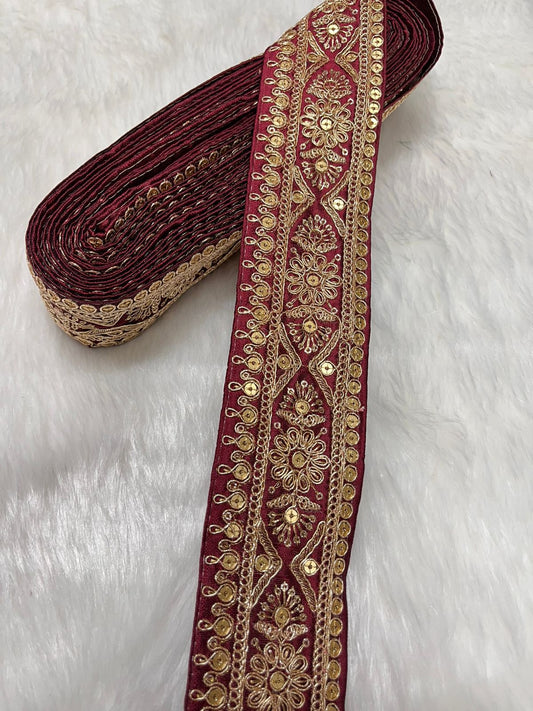 Embroidered Zari Lace – Indian Wedding Trims, Saree Border, 2 Inch Wide Lace Reel (9 Mtr) | Maroon