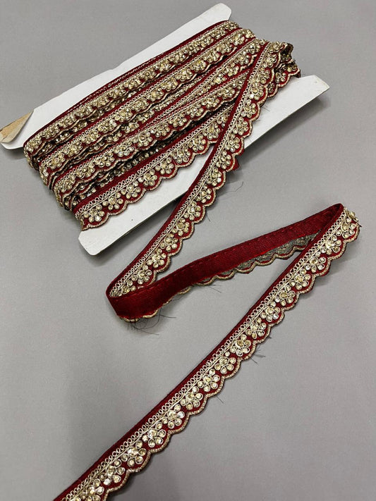 Stonework Embroidery Scalloped Saree Lace – Designer Maggam Work Border for Sarees, Dupattas & Lehengas (9 Meter, 0.5 Inch Width) | Maroon