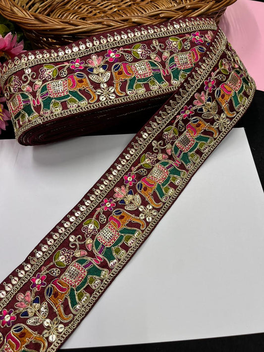 Beautiful Elephant Design Embroidered Zari Saree Lace – Premium Designer Embroidered Lace | Maroon