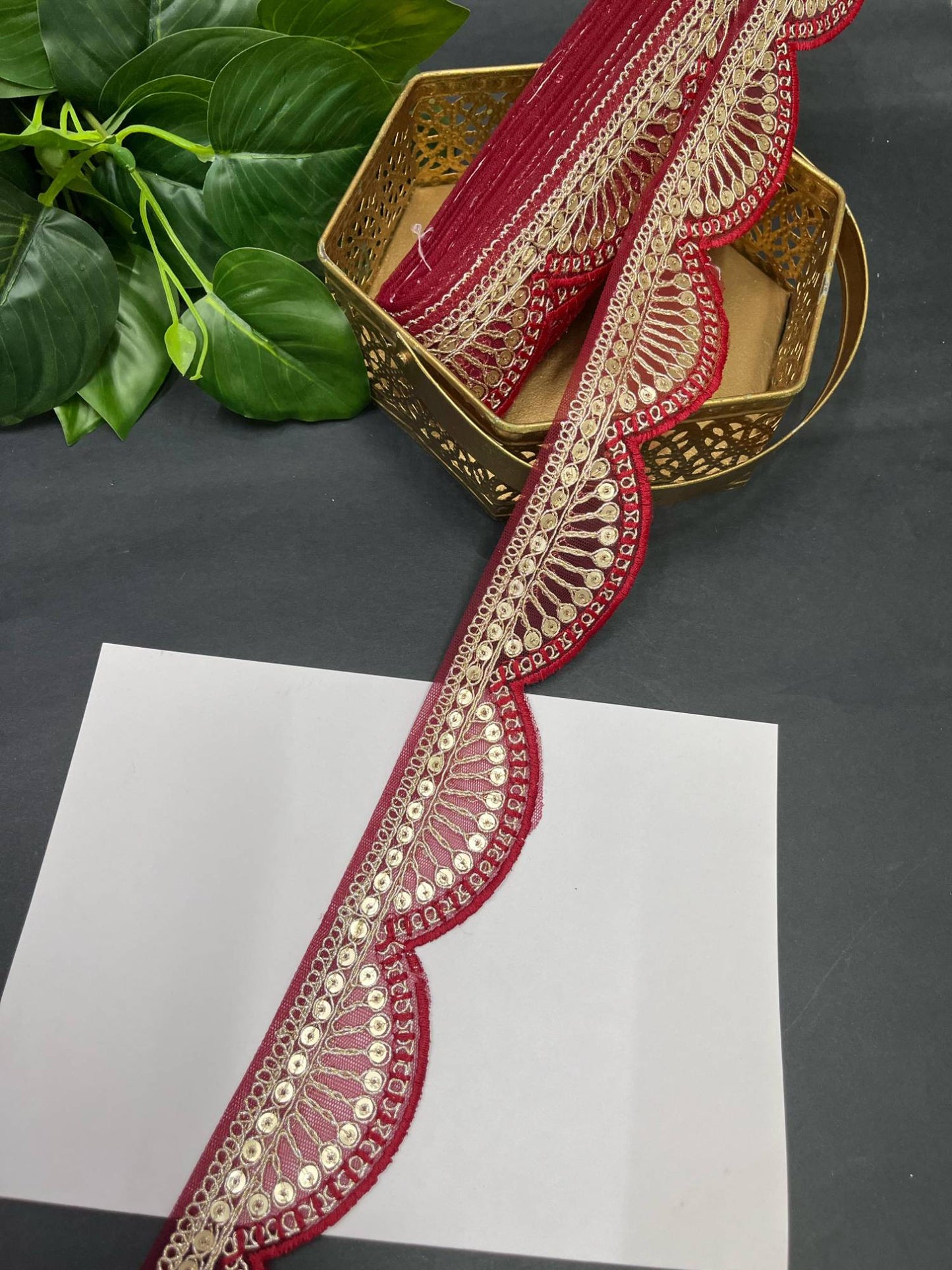 Designer Scalloped Embroidery Saree Lace – 9 Meters, 2-Inch Tone-to-Tone Embroidered Border for Lehengas & Dupattas | Maroon