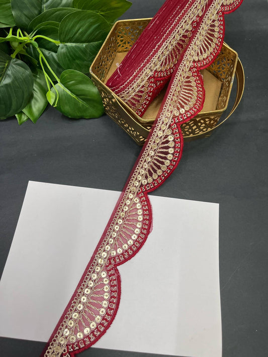 Designer Scalloped Embroidery Saree Lace – 9 Meters, 2-Inch Tone-to-Tone Embroidered Border for Lehengas & Dupattas | Maroon