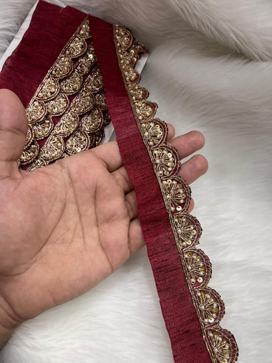 Maggam Work Lace for Sarees & Dupattas – 9 Meters, 1.5-Inch Width, Handcrafted Border Embroidery | Maroon