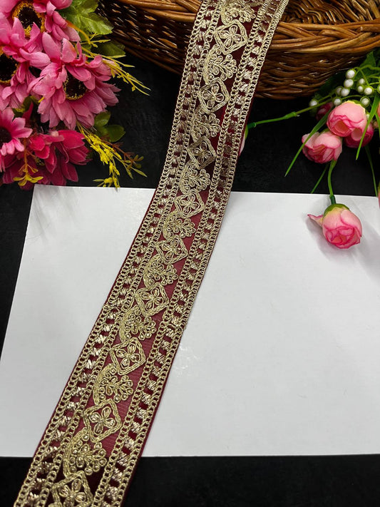 Embroidered Laces for Sarees & Dupattas – Elegant Net Border Trim for Ethnic & Festive Wear (9 Meter, 2 Inch Width) | Maroon