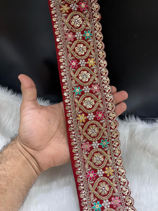 Vibrant Cutdana Beaded Embroidered Lace Border for Sarees and Lehengas – 9 Meters, 3-Inch Width | Maroon