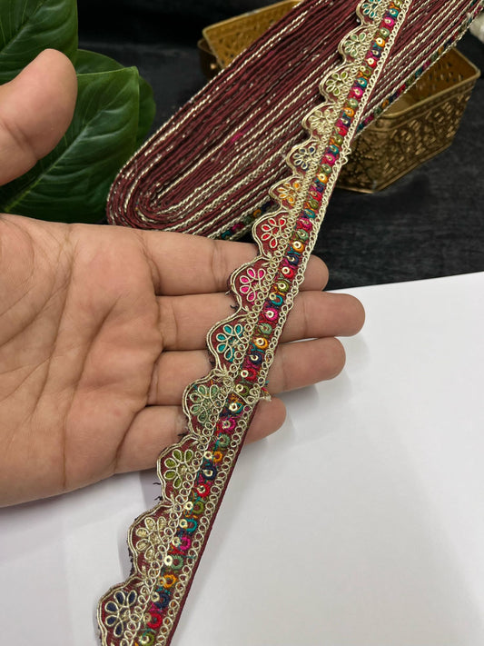 Multicolored Scalloped Sabyasachi Inspired Embroidered Lace – 9 Meters, 1-Inch Designer Trim for Sarees, Lehengas & Dupattas | Maroon