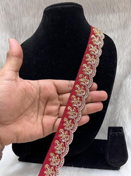 Designer Maggam Work Lace Border – 9 Meters, 1-Inch Width, Handcrafted Embroidery | Maroon