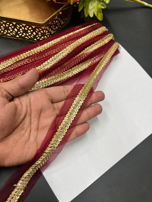 Elegant Pipe & Sequin Work Lace Borders – Designer Maggam Work Trim for Sarees, Lehengas & Dupattas (9 Meter, 0.5 Inch Width) | Maroon