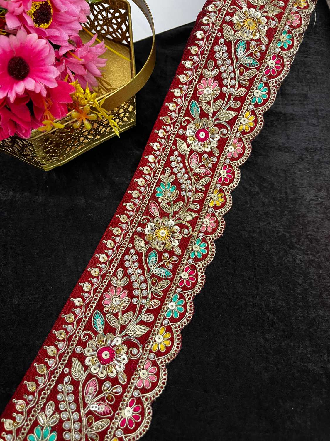 Multicoloured Sabyasachi Inspired Beaded & Katdana Work Saree Lace Border – Premium Maggam Work Trim for Bridal & Designer Wear (9 Meter, 3.5 Inch Width) | Maroon