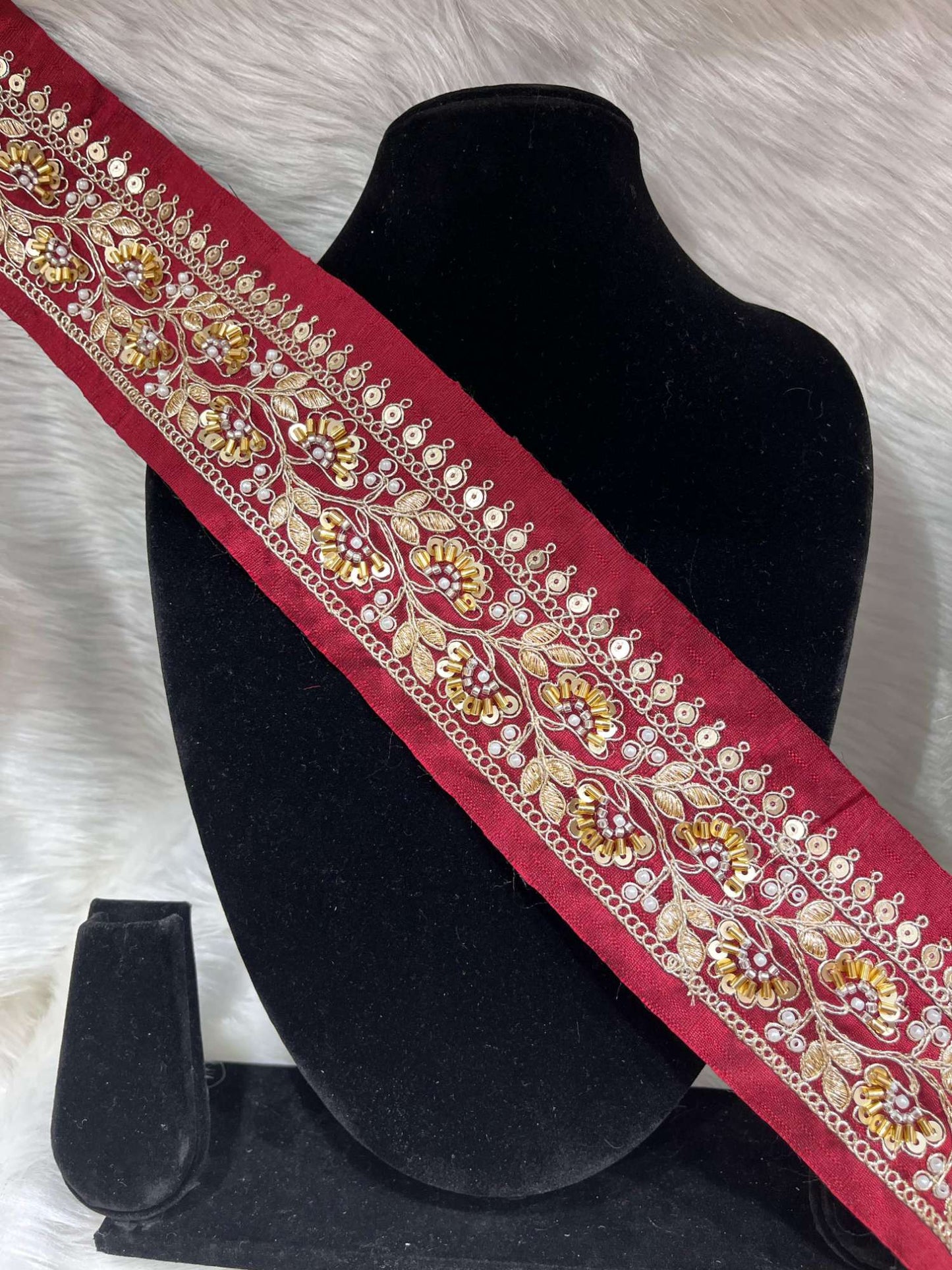 Exclusive Beaded Embroidered Lace – 9 Meters, 2-Inch Maggam Work Border Trim for Sarees & Lehengas | Maroon