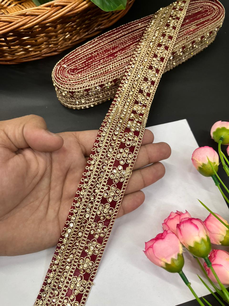 Gorgeous Diamond Work Lace & Borders – Premium Maggam Work Trim for Sarees, Lehengas & Dupattas (9 Meter, 2 Inch Width) | Maroon