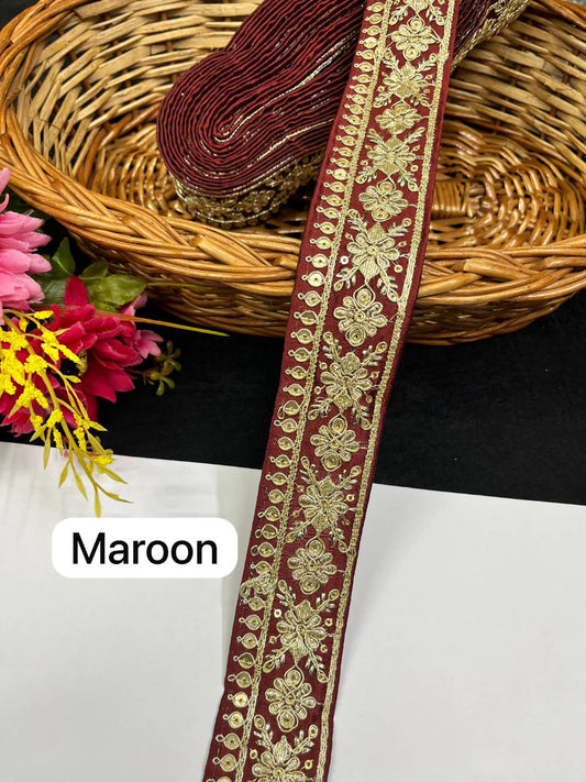 Gold Zari Embroidered Lace for Sarees & Dupattas Border Trim (9 Meter) – 1.5 Inch Width | Maroon