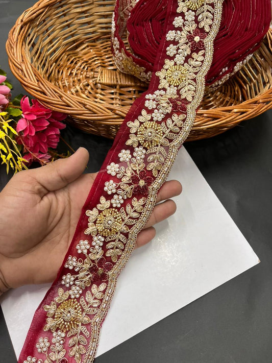 Luxurious Beaded Cutdana Bridal Dupatta Lace | Maggam Saree Laces – Designer Embellished Border (9 Meter, 2.5 Inch Width) | Maroon