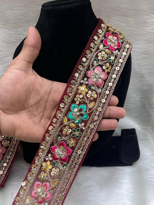 Embroidered Beaded Sequins Lace Borders on Net Fabric – 9 Meters, 2.5-Inch Maggam Work Trim for Sarees & Lehengas | Maroon