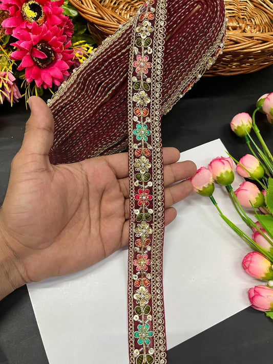 Beautiful Multicoloured Cutdana Beaded Saree Lace & Dupatta Lace – Premium Maggam Work Border Trim (9 Meter, 1.5 Inch Width) | Maroon