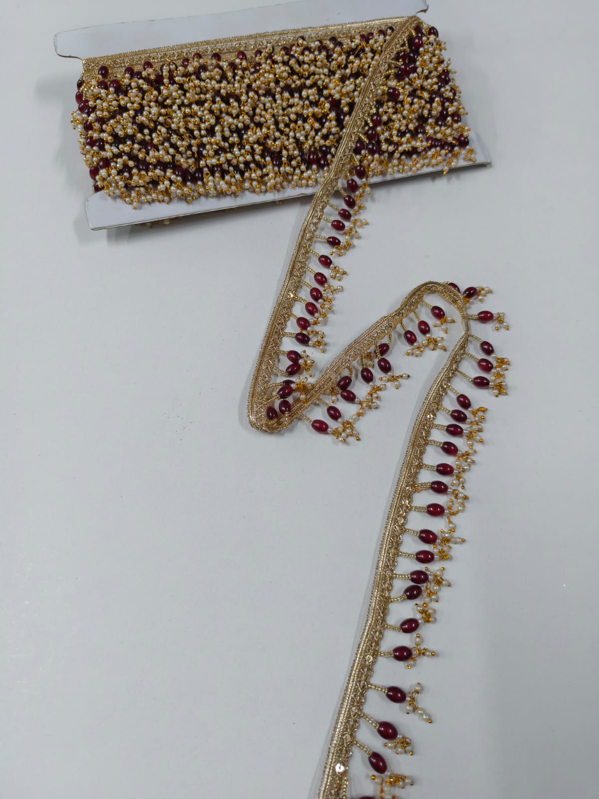Beautiful Handmade Hanging Latkan Lace for Sarees, Lehengas & Dupattas – Designer Decorative Latkan Lace Border (1.5 Inch) | Maroon