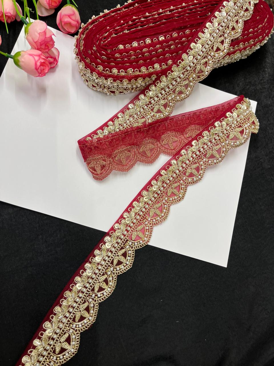 Bridal Saree Lace Border – Designer Maggam Work Lace for Sarees, Blouses & Lehengas (1.75 Inch) | Maroon