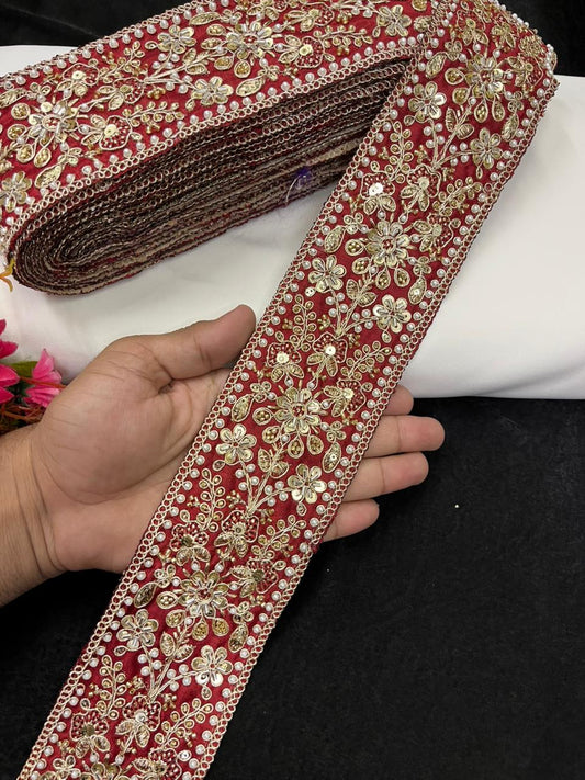 Maggam Work Lace for Sarees & Bridal Wear – Designer Embroidered Lace Border for Lehengas, Blouses & Dupattas (3 Inch) | Maroon