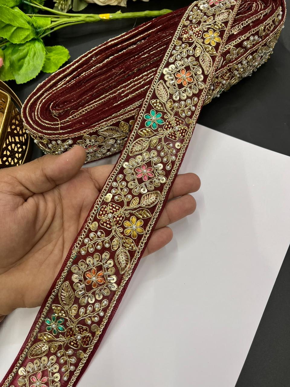 Designer Maggam Work Laces for Sarees – Premium 2 Inch Hand-Embellished Border for Lehengas, Dupattas & Bridal Wear (9 Meter) | Maroon