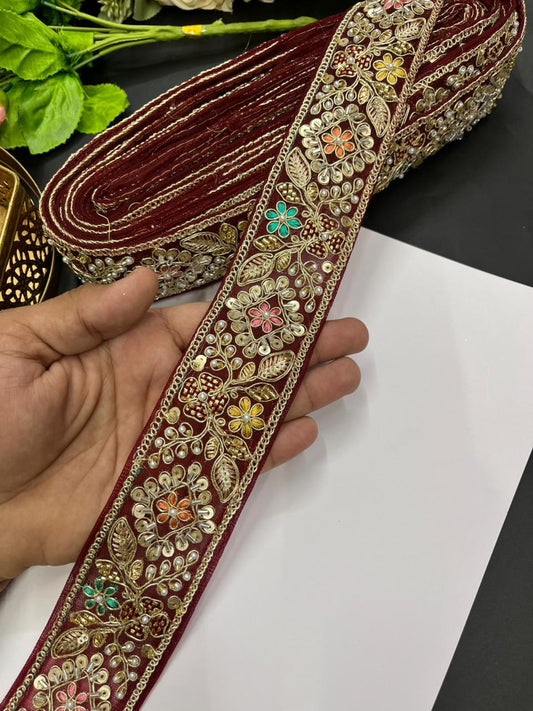 Designer Maggam Work Laces for Sarees – Premium 2 Inch Hand-Embellished Border for Lehengas, Dupattas & Bridal Wear (9 Meter) | Maroon