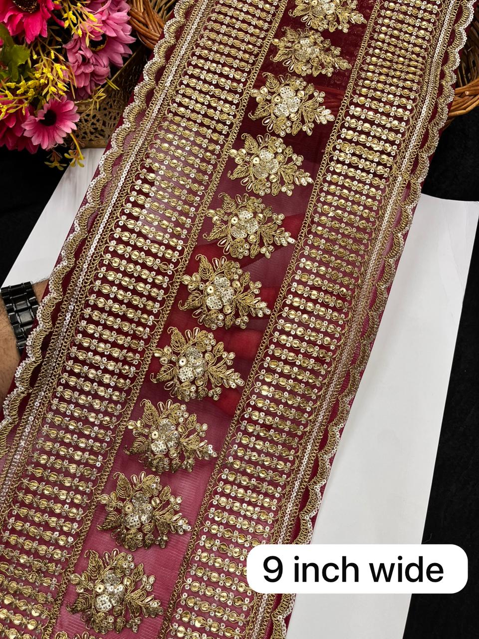 Sabyasachi Inspired Embroidered Lehenga Border Lace – Designer Bridal Saree & Lehenga Lace Trim (9 Inch) | Maroon