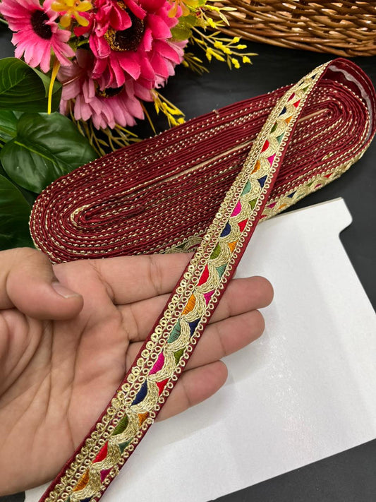 Sabyasachi Inspired Embroidered Saree Lace – Premium Designer Border for Sarees, Dupattas, Lehengas & Couture Wear (9 Meter, 1 Inch Width) | Maroon