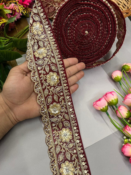 Designer Bridal Saree Lace Border – Premium 3 Inch Handcrafted Maggam Work Decorative Border for Wedding & Festive Wear (9 Meter) | Maroon