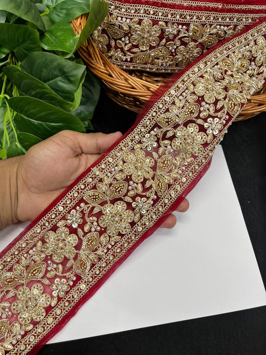 Designer Maggam Work Saree Lace on Net Fabric – Handcrafted Embroidered Lace Border for Sarees, Blouses & Lehengas (3.5 Inch) | Maroon