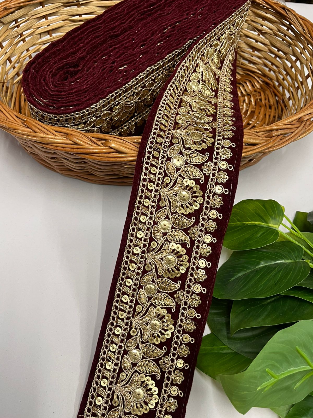 Gold Zari Embroidered Velvet Fancy Dress Lace | Velvet Lace Design (9 Mtr) | Maroon