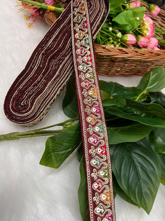 Sabyasachi-Inspired Embroidered Designer Lace Border – 9 Meter Roll, 1 Inch Wide for Ethnic & Creative Projects | Maroon