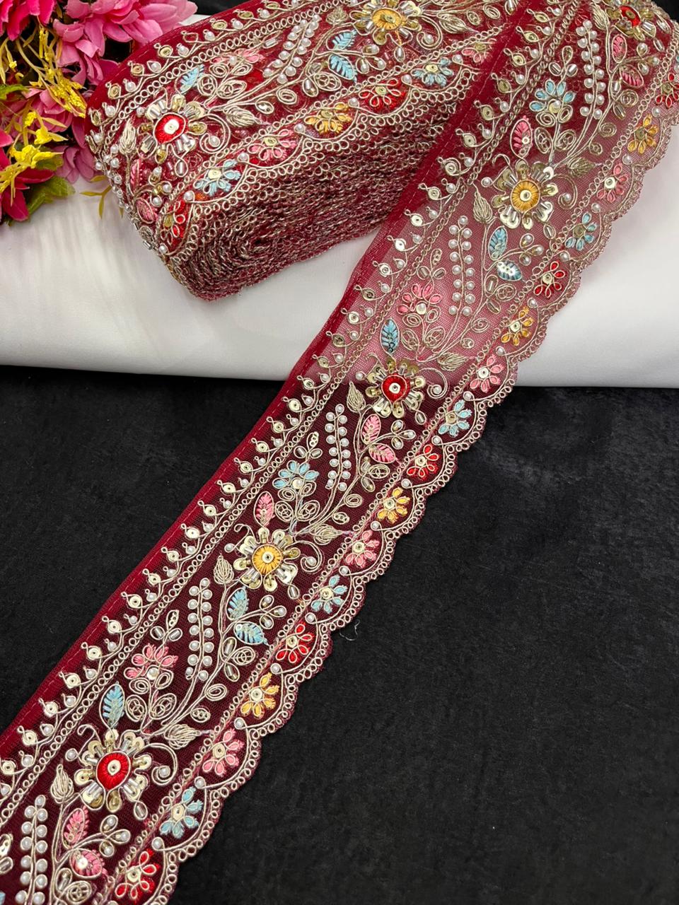 Multicoloured Flower Design Maggam Work Saree Lace – Designer Embroidered Border for Sarees, Blouses & Lehengas (3.5 Inch) | Maroon