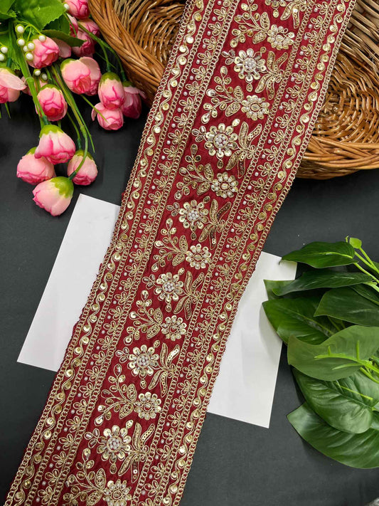 Handcrafted Exquisite Embroidered Cutdana Bridal Lehenga Border – 9 Meters, 5-Inch Maggam Work Lace | Maroon