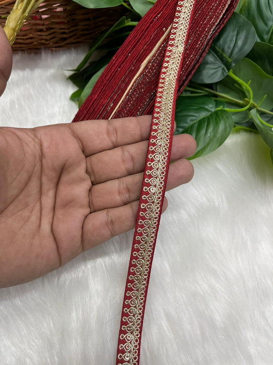 Embroidered Designer Lace, Indian Wedding Trims, Saree Border, Lace Reel 9 Meter (0.5 Inch Width) | Maroon