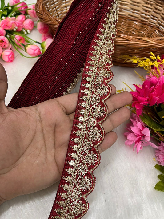 Embroidered Designer Lace – Indian Wedding Trims, Saree Border, 1.5 Inch Wide Lace Reel (9 Mtr) | Maroon