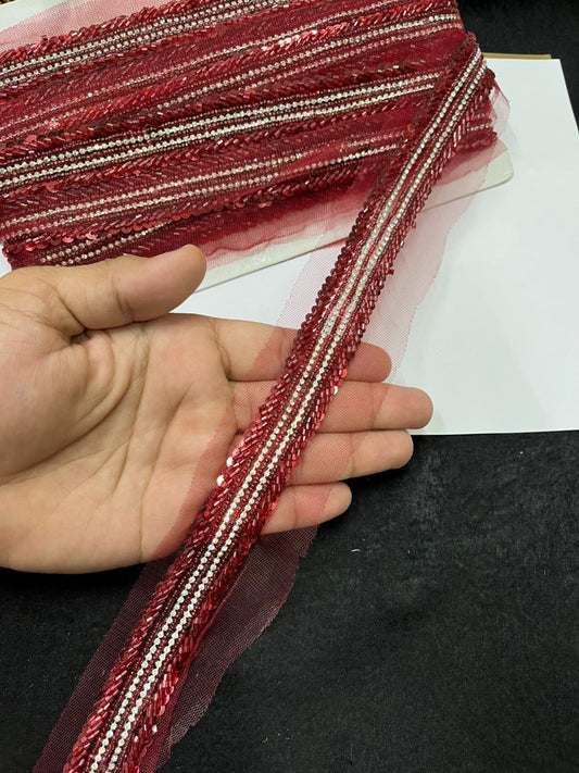 Handmade Sequins Diamond Lace on Net Fabric for Sarees, Kurtis & Dresses – Designer Embroidered Lace Border (1.5 Inch) | Maroon