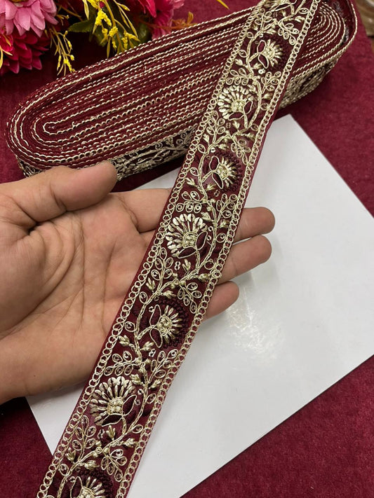 Sequins Work Zari Embroidered Laces – Premium Designer Borders for Sarees, Lehengas & Dupattas (9 Meter, 1.5 Inch Width) | Maroon