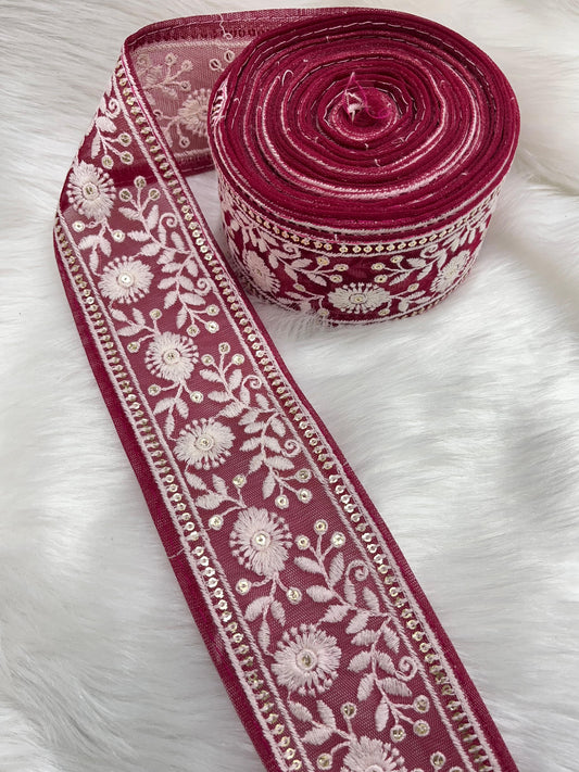 Lucknowi Threads Lace Trim for Saree and Dupatta - Elegant 2.5 Inch Saree Lace Trim | Maroon