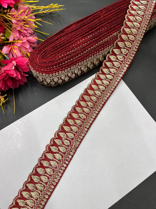 Zari Embroidered Saree Laces – Premium Designer Borders for Sarees, Lehengas & Dupattas (9 Meter, 1.5 Inch Width) | Maroon