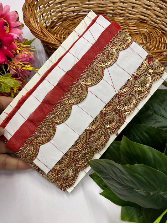 Handmade Scalloped Zardozi Maggam Work Saree Lace Borders – Premium Designer Maggam Lace | Maroon