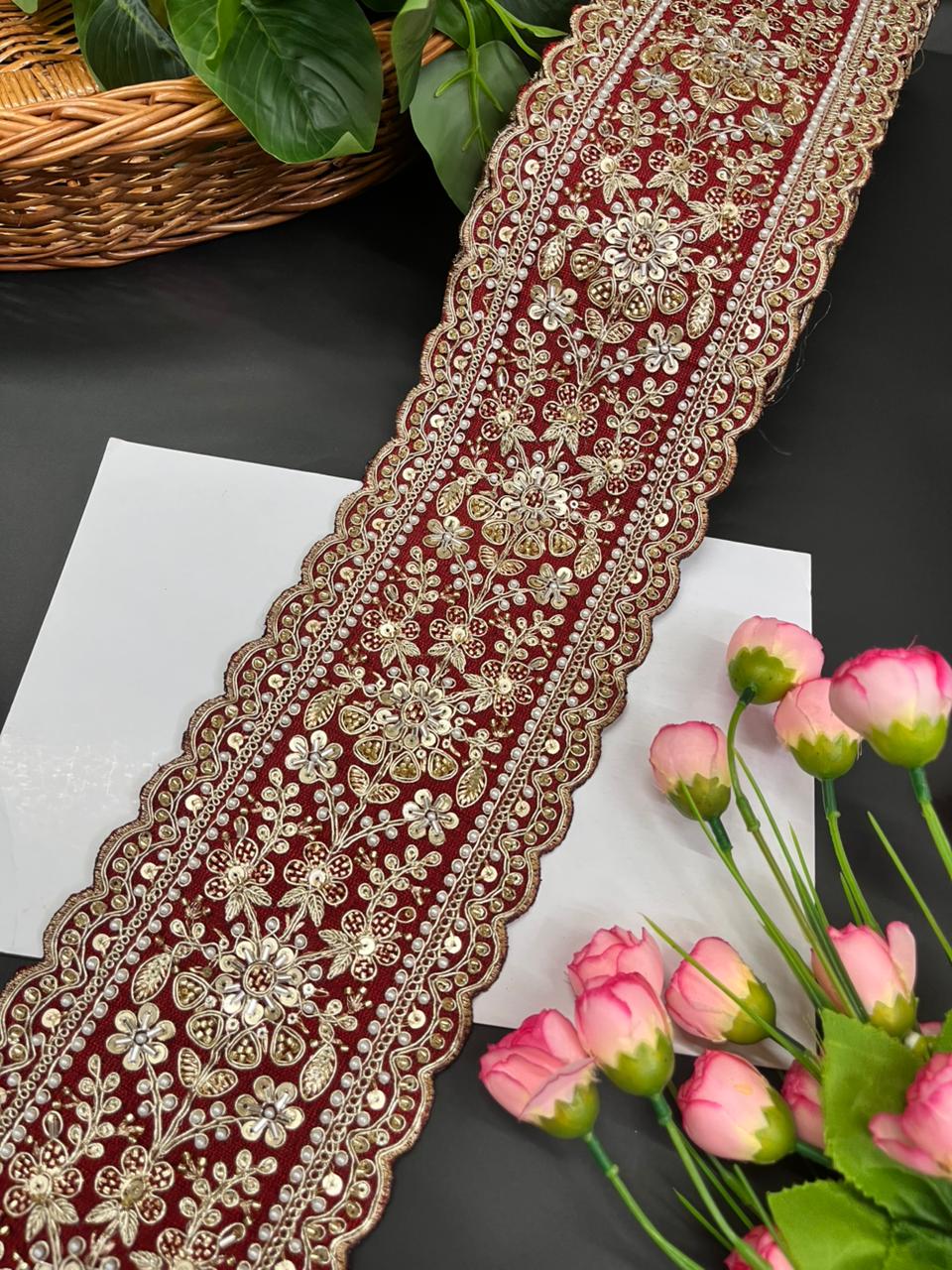 Exclusive Bridal Lace Collection – Premium Heavy Lehenga Border for Sarees, Dupattas & Wedding Outfits (9 Meter, 5 Inch Width) | Maroon