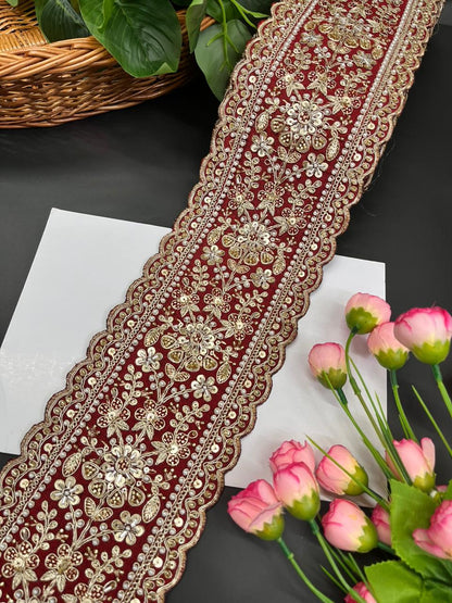 Exclusive Bridal Lace Collection – Premium Heavy Lehenga Border for Sarees, Dupattas & Wedding Outfits (9 Meter, 5 Inch Width) | Maroon