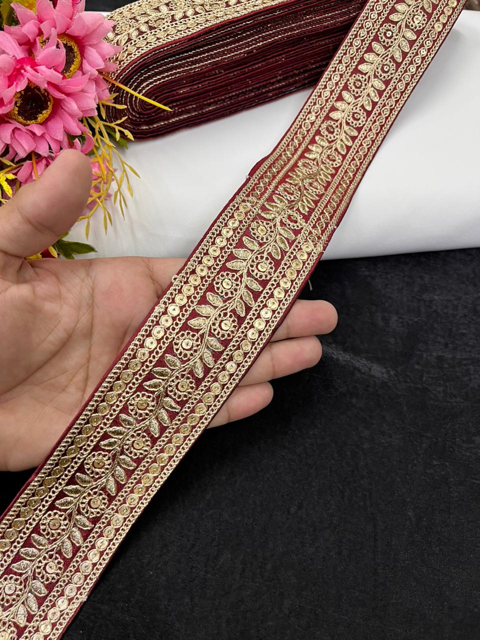 Leaf Style Embroidered Designer Lace Border for Sarees, Kurtis & Dresses – Elegant Ethnic Embroidery Lace (2 Inch) | Maroon