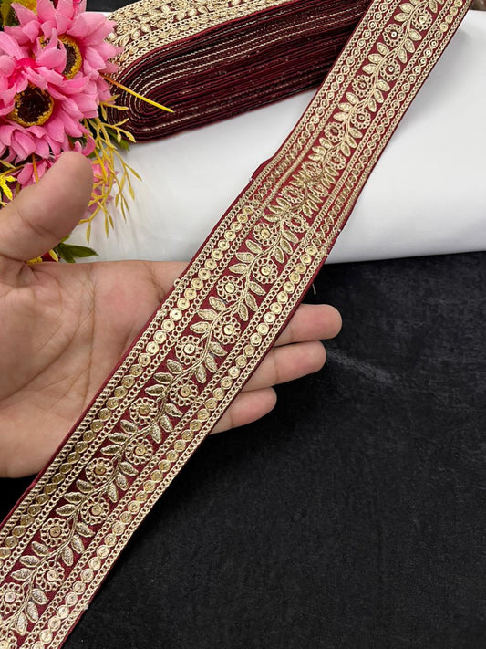 Leaf Style Embroidered Designer Lace Border for Sarees, Kurtis & Dresses – Elegant Ethnic Embroidery Lace (2 Inch) | Maroon