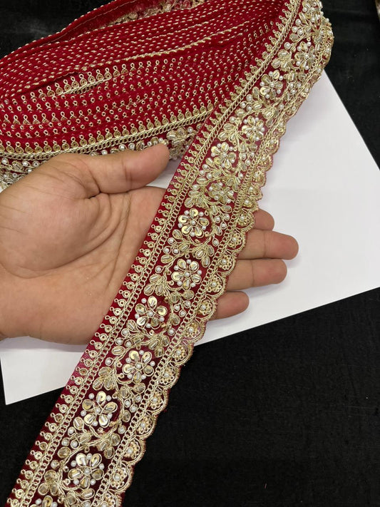 Rich Maggam Work Saree Border Lace for Blouses, Lehengas & Dresses – Designer Handcrafted Embroidered Lace (2.5 Inch) | Maroon