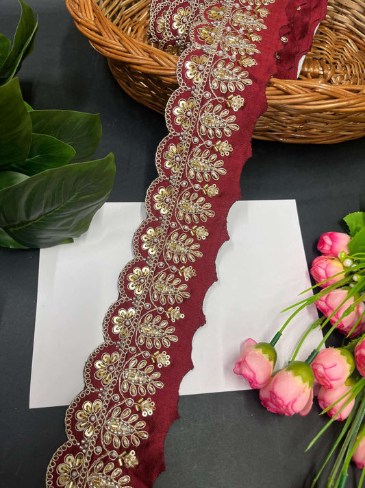 Heritage Scalloped Beaded Cutwork Embroidered Lace – 9 Meters, 2-Inch Maggam Work Border for Sarees & Lehengas | Maroon