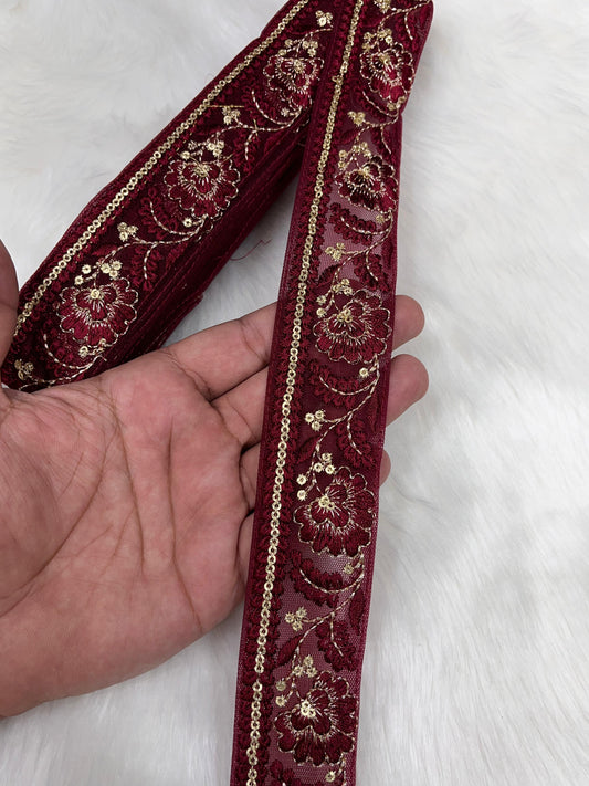 Elegant Saree Lace Border, Dupatta Edging Trim, 9 Meter Embroidered Decorative Fabric Ribbon | Maroon