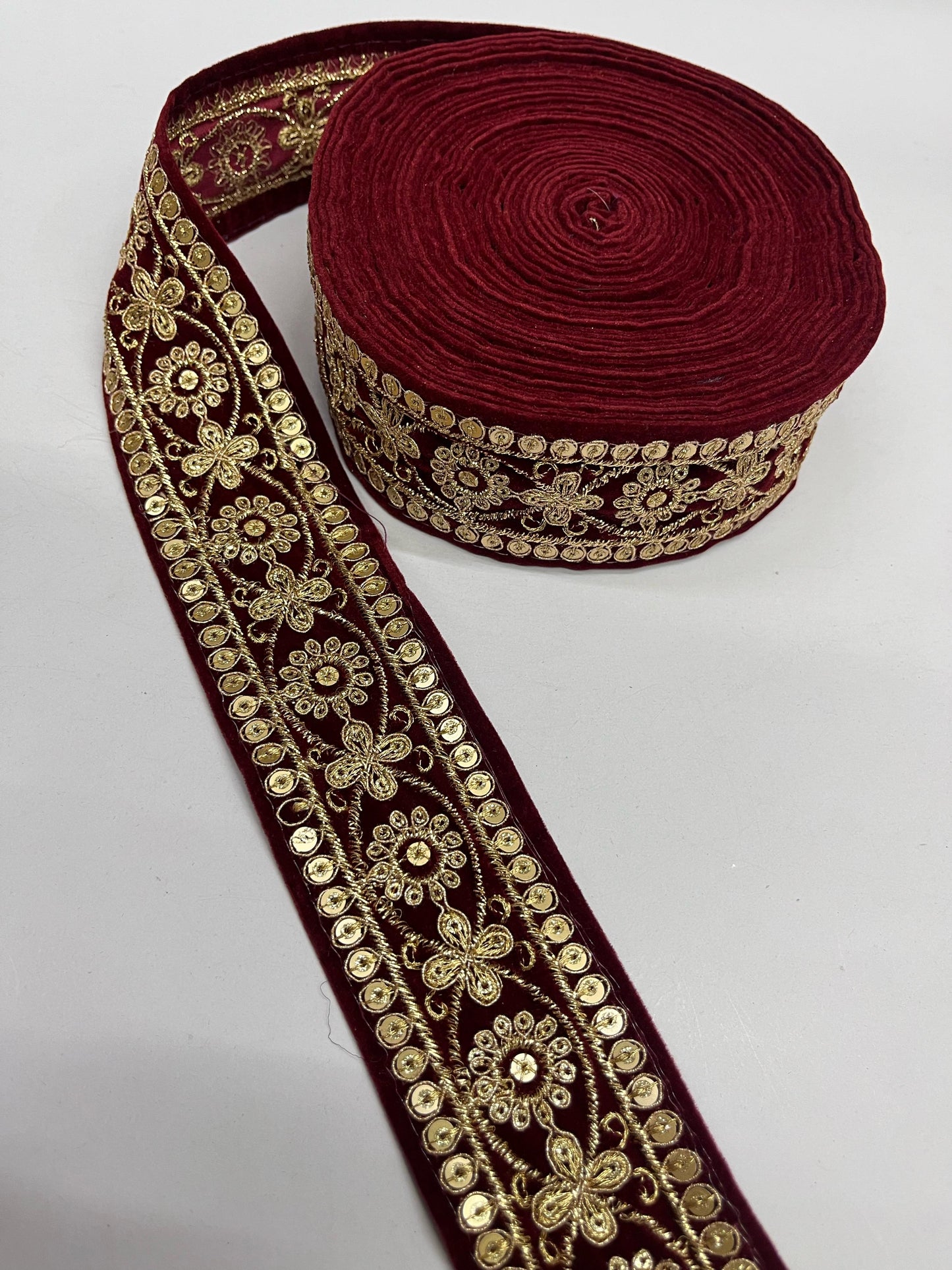 Gold Zari Velvet Sequin Embroidered Lace Border – 9 Meters, 2-Inch Width | Maroon