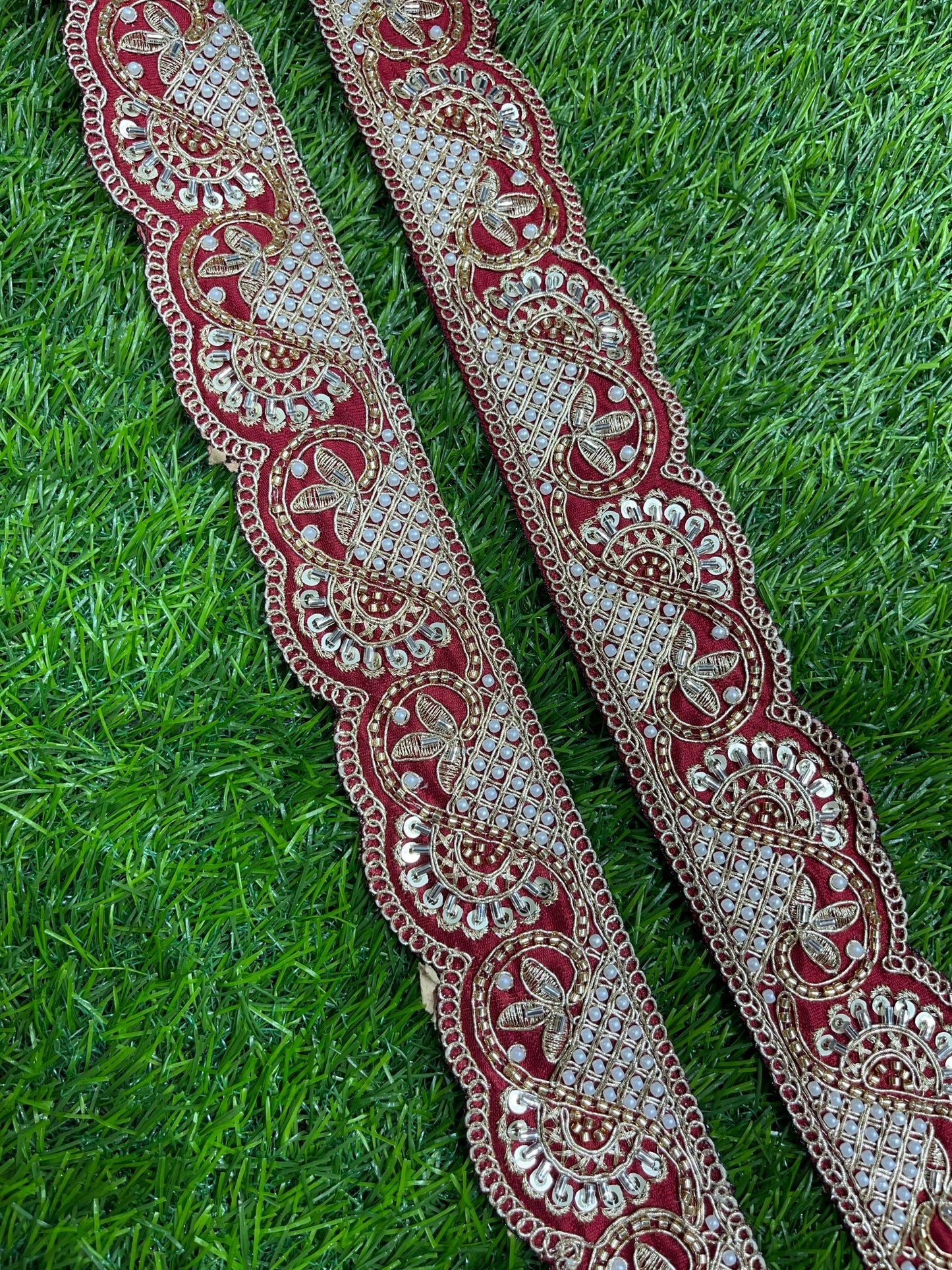 Vibrant Cutdana Beaded Embroidered Lace Border for Sarees and Dupatta – 9 Meters, 2-Inch Width | Maroon